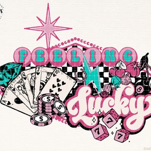 Feeling Lucky Türkis kariert PNG Digital Download Pink Cowgirl kariert Eight Ball Würfelkarten Western Shirt Design Türkis Concho