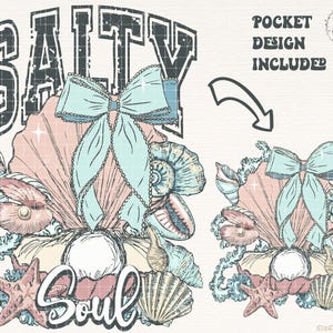 Puede incluir: Una ilustraci&oacute;n digital de un dise&ntilde;o de concha con un lazo azul y el texto "Salty Soul".