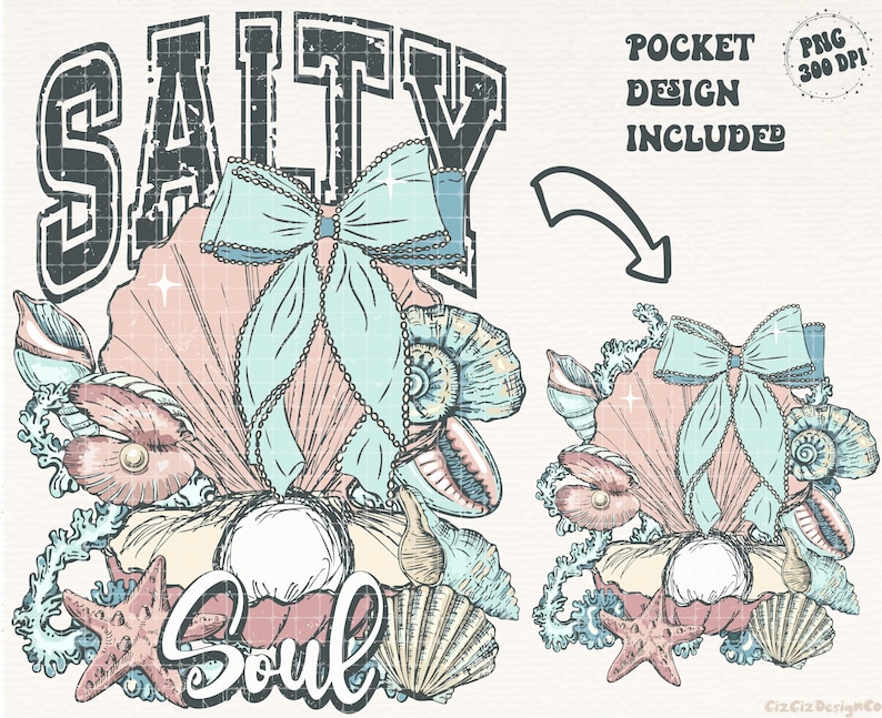 Puede incluir: Una ilustraci&oacute;n digital de un dise&ntilde;o de concha con un lazo azul y el texto "Salty Soul".