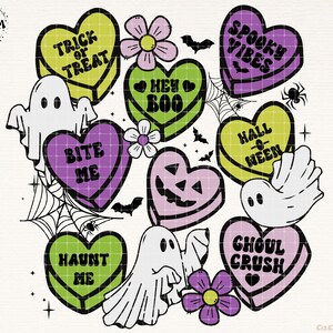 May include: A set of nine Halloween-themed conversation hearts with various spooky sayings, including "Trick or Treat", "Bite Me", "Hey Boo", "Spooky Vibes", "Hall-o-Ween", "Haunt Me", and "Ghoul Crush". The hearts are surrounded by ghosts, spiders, and flowers.
