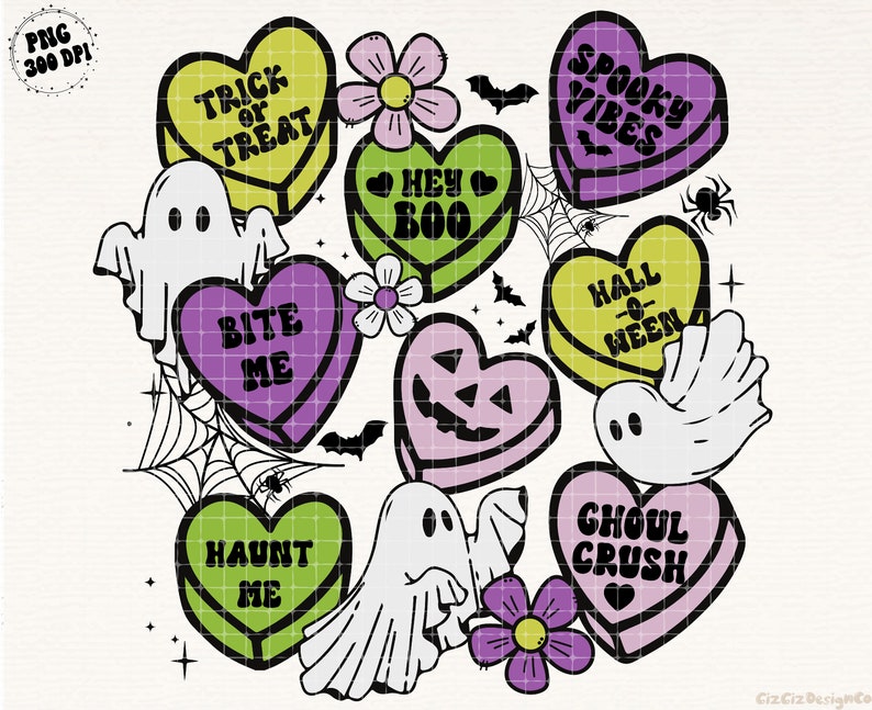 May include: A set of nine Halloween-themed conversation hearts with various spooky sayings, including "Trick or Treat", "Bite Me", "Hey Boo", "Spooky Vibes", "Hall-o-Ween", "Haunt Me", and "Ghoul Crush". The hearts are surrounded by ghosts, spiders, and flowers.