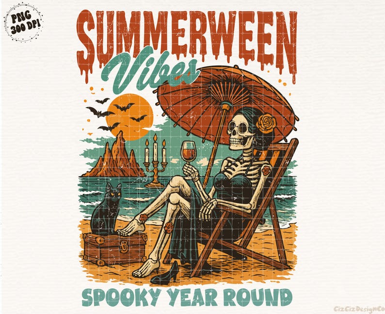 May include: A vintage-style illustration features a skeleton relaxing on a beach chair under an umbrella, holding a glass of wine. A black cat sits on a trunk. The text reads "Summerween Vibes" and "Spooky Year Round."