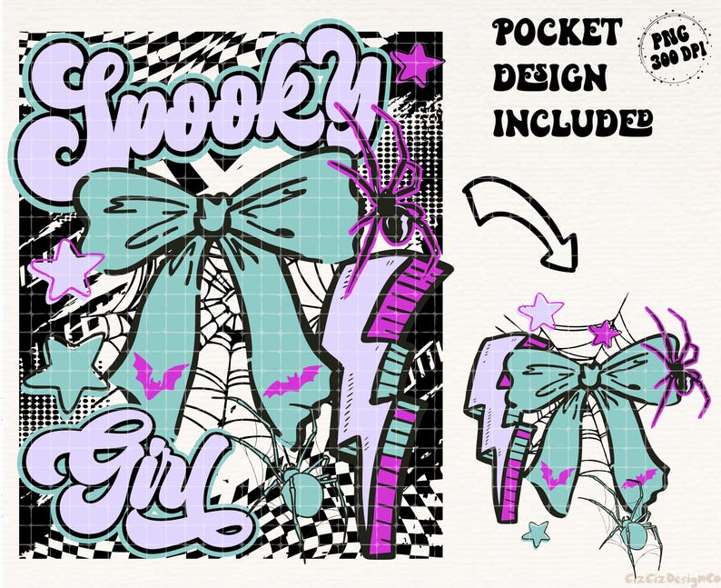 May include: A digital design featuring the words "Spooky Girl" in a retro font, with a teal bow, purple lightning bolt, bats, stars, and spiderwebs. Includes a pocket design. The design is in shades of purple, teal, black, and white.