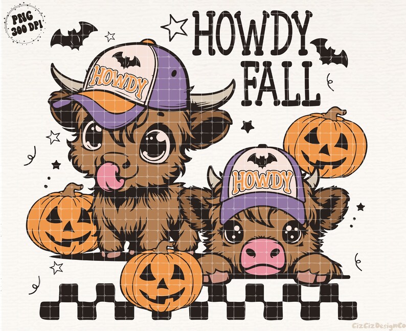Puede incluir: Dos vacas de las tierras altas de dibujos animados que llevan gorras de b&eacute;isbol moradas y naranjas con el texto "Howdy" en ellas. Las vacas sostienen calabazas de jack-o'-lantern. El texto "Howdy Fall" est&aacute; escrito en negro sobre las vacas.
