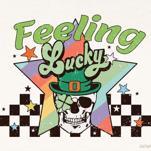 K&ouml;nnte beinhalten: Ein Retro-Grafikdesign mit dem Text "Feeling Lucky" in einem Regenbogen-Sternenstrahl. Ein gr&uuml;ner Leprechaun-Hut sitzt auf einem wei&szlig;en Sch&auml;del mit einem vierbl&auml;ttrigen Kleeblatt in der Augenh&ouml;hle.