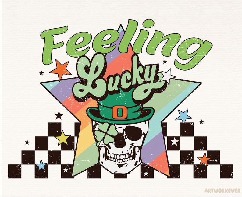 K&ouml;nnte beinhalten: Ein Retro-Grafikdesign mit dem Text "Feeling Lucky" in einem Regenbogen-Sternenstrahl. Ein gr&uuml;ner Leprechaun-Hut sitzt auf einem wei&szlig;en Sch&auml;del mit einem vierbl&auml;ttrigen Kleeblatt in der Augenh&ouml;hle.