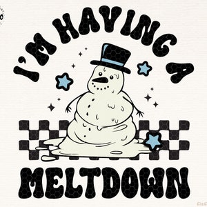 Pu&ograve; includere: Un'illustrazione in bianco e nero di un pupazzo di neve che si scioglie con un cappello a cilindro nero e il testo "I'm having a meltdown".