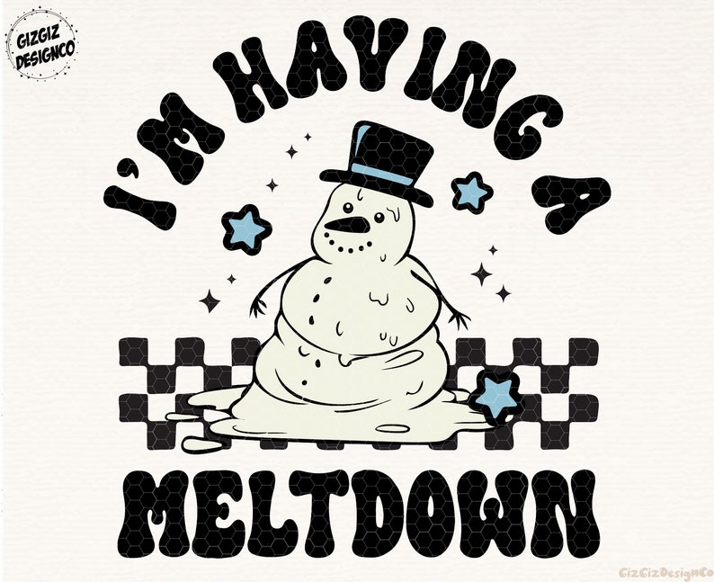 Pu&ograve; includere: Un'illustrazione in bianco e nero di un pupazzo di neve che si scioglie con un cappello a cilindro nero e il testo "I'm having a meltdown".