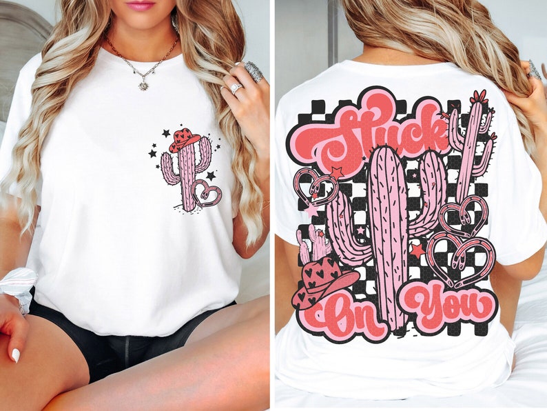 May include: White t-shirt with a pink cactus wearing a cowboy hat and the text "Stuck On You" on the back. The back design features a checkered pattern.