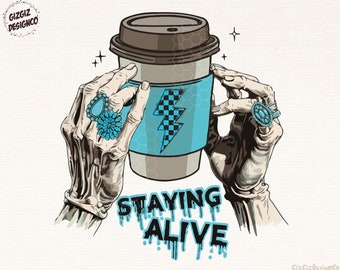 Retro Staying Alive Png, Skeleton Turquoise Concho Rings Png, Western Png, Sublimation Png, Trendy Design,Skeleton Coffee Png,Lightning Bolt