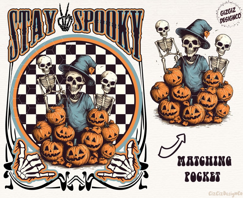 Puede incluir: Un dise&ntilde;o gr&aacute;fico de tem&aacute;tica de Halloween con un esqueleto que lleva una camisa azul y un sombrero de bruja, rodeado de calabazas. El texto "Stay Spooky" se muestra encima del esqueleto.