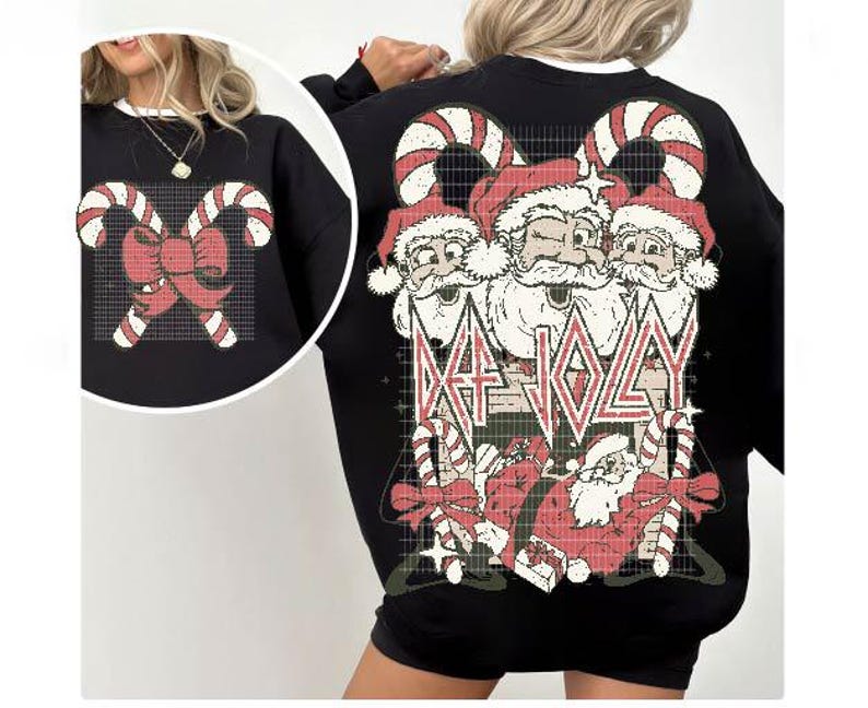 May include: Black sweatshirt with a Christmas-themed graphic featuring three Santa Clauses with candy canes and the text "Def Jolly".
