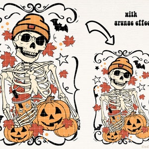 May include: A skeleton wearing an orange beanie and holding a pumpkin and a cup of coffee. The skeleton is surrounded by fall leaves and stars. The text "with grunge effect" is written above the skeleton.