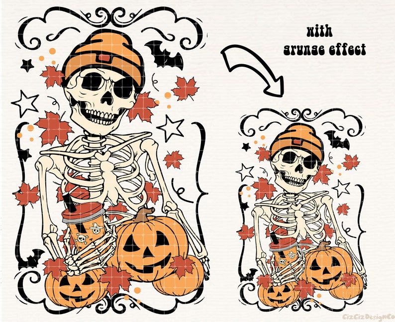 May include: A skeleton wearing an orange beanie and holding a pumpkin and a cup of coffee. The skeleton is surrounded by fall leaves and stars. The text "with grunge effect" is written above the skeleton.