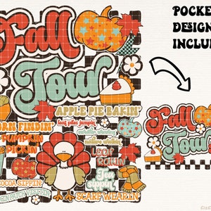 K&ouml;nnte beinhalten: Eine farbenfrohe Illustration von Herbstaktivit&auml;ten mit dem Text "Fall Tour" im Retro-Stil. Die Illustration zeigt einen K&uuml;rbis, einen Truthahn, Bl&auml;tter, Eicheln und eine Tasse hei&szlig;e Schokolade. Der Text "Apple Pie Bakin', Acorn Findin', Pumpkin Pickin', Hot Cocoa Sippin', Pumpkin Patch Visitin', Leaf Rakin', Tea Sippin', Scarf Wearin'" ist ebenfalls enthalten.