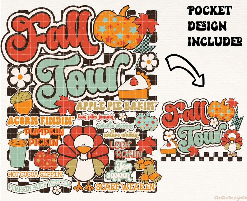 K&ouml;nnte beinhalten: Eine farbenfrohe Illustration von Herbstaktivit&auml;ten mit dem Text "Fall Tour" im Retro-Stil. Die Illustration zeigt einen K&uuml;rbis, einen Truthahn, Bl&auml;tter, Eicheln und eine Tasse hei&szlig;e Schokolade. Der Text "Apple Pie Bakin', Acorn Findin', Pumpkin Pickin', Hot Cocoa Sippin', Pumpkin Patch Visitin', Leaf Rakin', Tea Sippin', Scarf Wearin'" ist ebenfalls enthalten.
