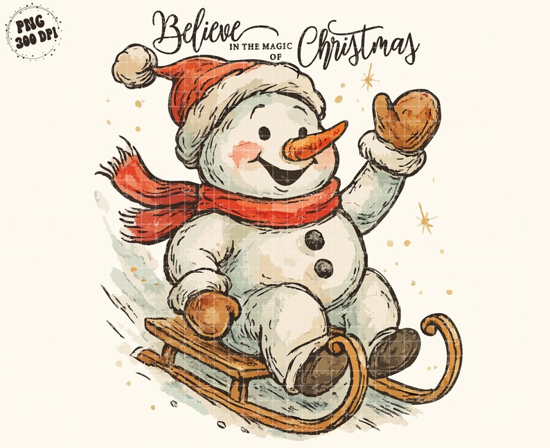 Op de afbeelding: Waterverfillustratie van een sneeuwpop op een slee. De sneeuwpop draagt een rode hoed, sjaal en wanten. De tekst "Believe in the Magic of Christmas" staat boven de sneeuwpop.