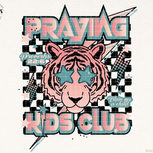 Praying Kids Club PNG Little Girl Boy Christian Bible Verse Checkered Lightning Bolt Png Sublimation Digital Designs Download Tshirt Graphic