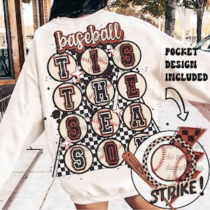 Honkbal png-ontwerp, honkbalsublimatie downloaden, retro geruit honkbal-png, dit is het seizoen png, retro shirtontwerp honkbal voor- en achterkant