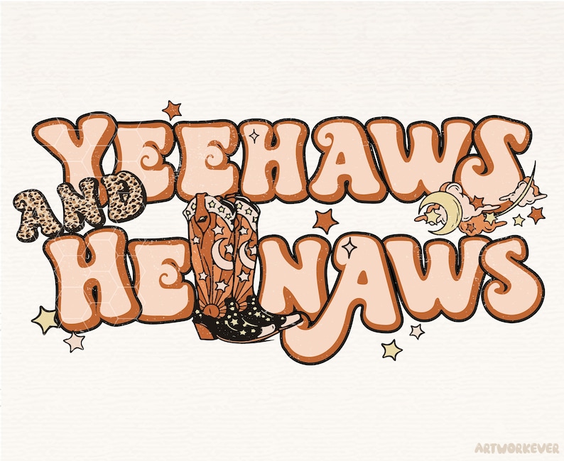 Może przedstawiać: Retrograficzny projekt graficzny z tekstem "Yeehaws and Hennaws" w kolorze brzoskwiniowo-r&oacute;żowym z brązowymi konturami. Projekt zawiera parę brązowych kowbojskich but&oacute;w z gwiazdami i rosnącym księżycem na nich oraz chmurę z rosnącym księżycem i gwiazdami.