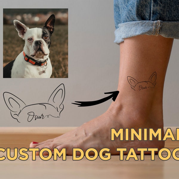 Tatouage de dessin commémoratif de chien, Conception de tatouage de chien minimale personnalisée, Conception de tatouage d’animal de compagnie personnalisée, Conception de tatouage d’oreille de chien, Conception de tatouage d’animal de compagnie minimale