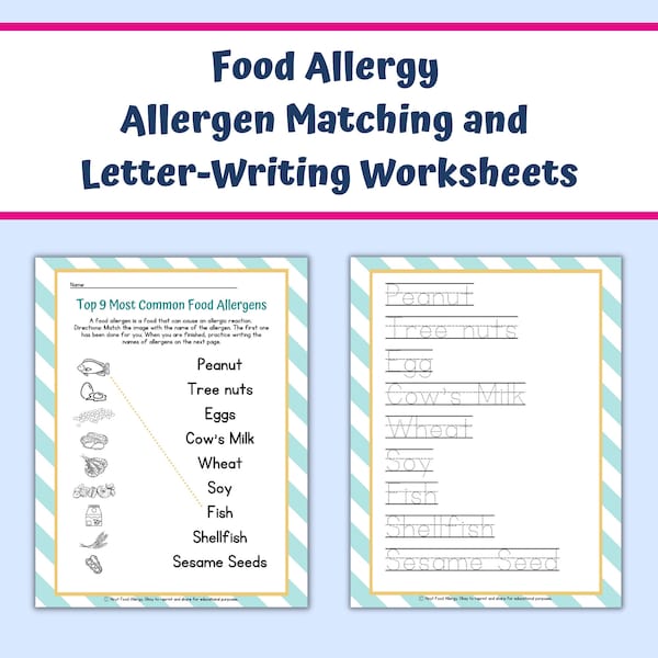 Food Allergy Allergen Matching and Letter-Writing Worksheets for Kids