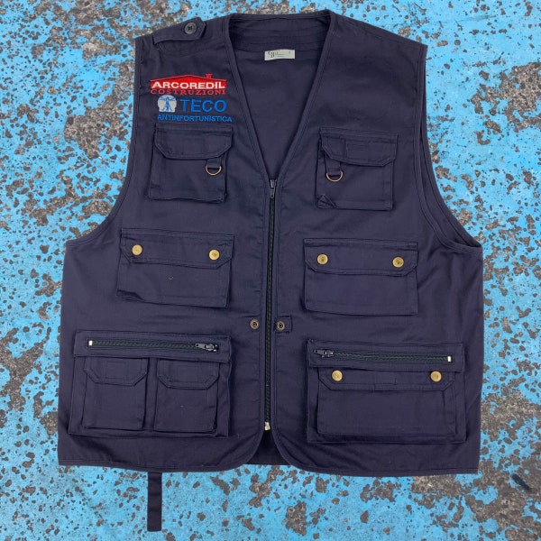 Heavy Twill Embroidered Utility Vest Workwear Festival Fishing Hiking Blue L