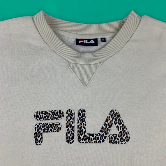 FILA Leopard Print Spell Out Sweatshirt Graphic Logo Crew Neck Pullover Cream XL