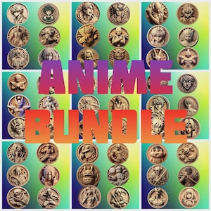 Könnte beinhalten: Eine Anordnung von bronzefarbenen Anime-Charakter-Münzen in einem Rastermuster. Das Wort "ANIME" ist lila und "BUNDLE" orange. Jede Münze zeigt ein anderes Charakterdesign mit detaillierten Reliefarbeiten.