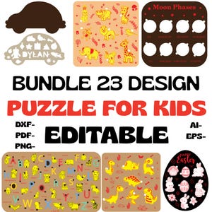 Può includere: Un pacchetto di 23 design di puzzle per bambini, tra cui puzzle a tema animali e dinosauri, un puzzle dell'alfabeto e un design delle fasi lunari. L'immagine presenta anche un design a forma di auto con il nome "DYLAN".