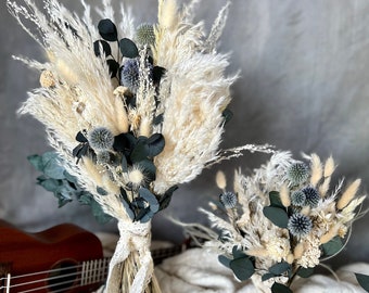 Bouquet di fiori secchi Cardi e Poesia, bianco e blu, bouquet da sposa, fiore di pampa, bouquet decorativo poetico