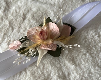 Bracelet de Mariée Romanticisme Rose, confectionné en fleurs séchées, Rose et blanc