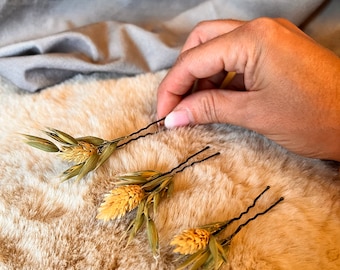 Set med 3 rustika hårnålar, bröllopsaccessoarer med torkade blommor, brudfrisyr