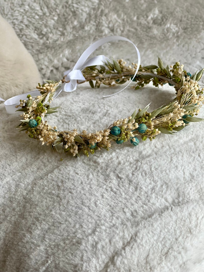 Crown of Emerald dried flowers, crown for Bride, baptism, communion, bridesmaids crown, little girl crown image 6