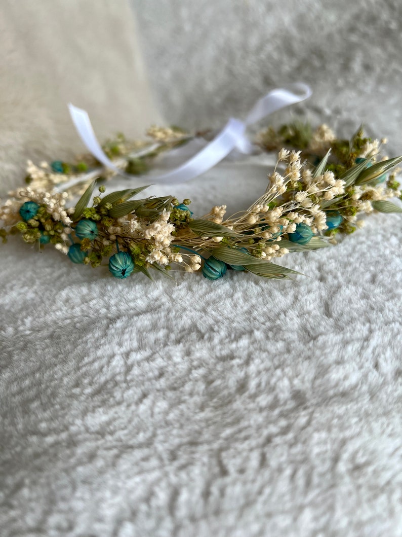 Corona di fiori secchi di smeraldo, corona per sposa, battesimo, comunione, corona da damigelle, corona per bambina immagine 3