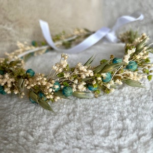 Corona di fiori secchi di smeraldo, corona per sposa, battesimo, comunione, corona da damigelle, corona per bambina immagine 2