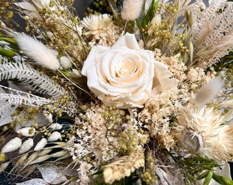Bouquet Pure Blanc, cadeau fête des Mères, en Fleurs séchées, bouquet avec rose éternelle blanche éco-responsable, bouquet romantique,