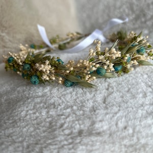Corona di fiori secchi di smeraldo, corona per sposa, battesimo, comunione, corona da damigelle, corona per bambina immagine 1