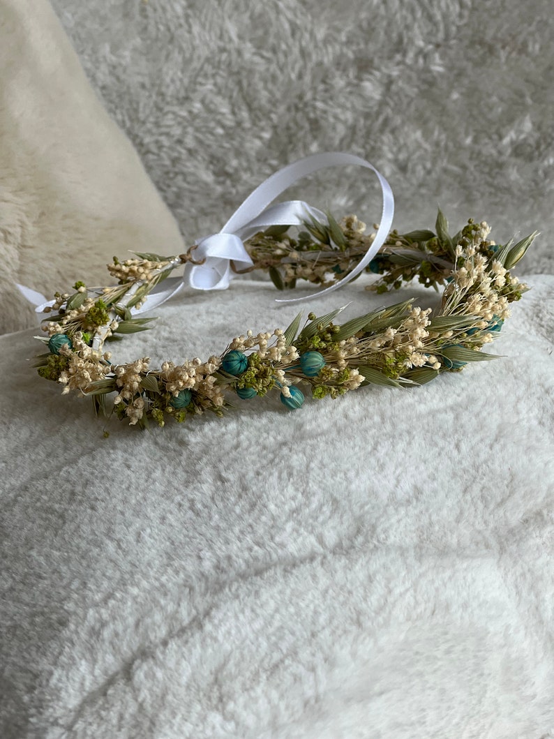 Corona de flores secas Esmeralda, corona para Novia, bautismo, comunión, corona de damas de honor, corona de niña imagen 5