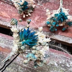 Lot 3 Turquoise and cream hair pins, wedding in dried flowers, hairstyle accessory, boho bridal bun