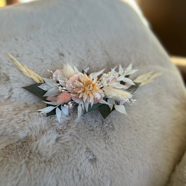 Barrette Rose Poudré en fleurs séchées, idéal coiffure mariée, demoiselles d’honneur, Rose champêtre