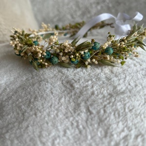 Corona di fiori secchi di smeraldo, corona per sposa, battesimo, comunione, corona da damigelle, corona per bambina immagine 4