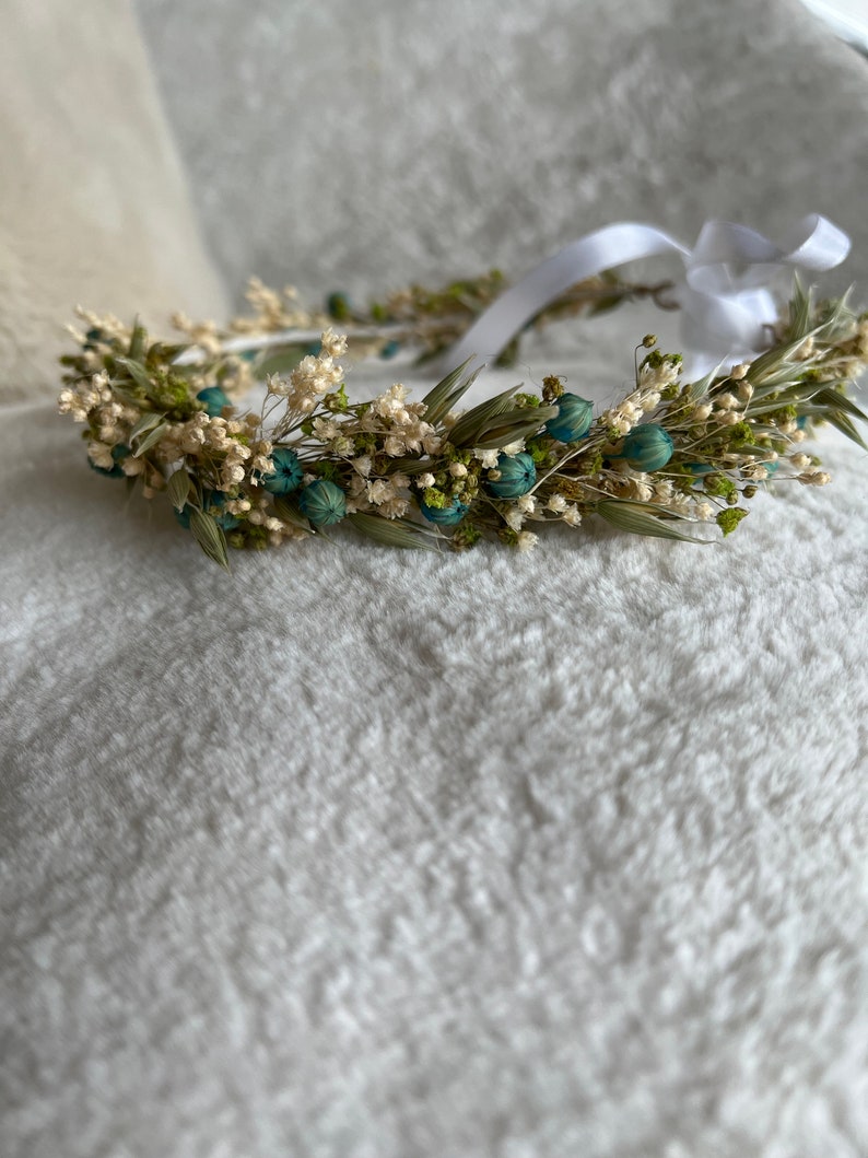 Couronne de fleurs séchées Émeraude, couronne pour Mariée, baptême, communion, couronne demoiselles dhonneur, couronne petite fille image 4