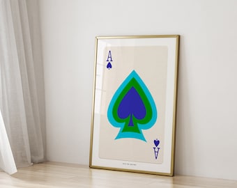 ACE OF SPADES Retro 70s Style Vintage Playing Card Poster / Deck of Cards Suit of Spades Art Ace Wall Art / Suit of Clubs Blue and Green Art