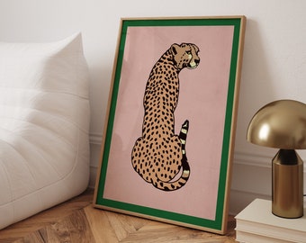 CHEETAH | Retro Vintage Cheetah Print Poster | Bold Green and Pink Vintage Wall Art | Eclectic Wall Decor | Pink Cheetah Art | Leopard Print