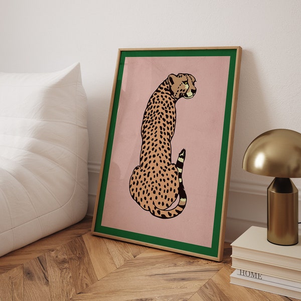 CHEETAH | Retro Vintage Cheetah Print Poster | Bold Green and Pink Vintage Wall Art | Eclectic Wall Decor | Pink Cheetah Art | Leopard Print