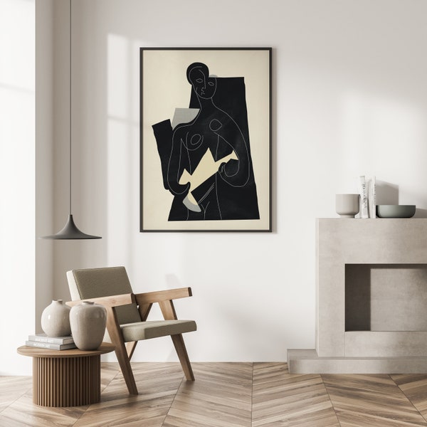 Femme à La Guitare | Pablo Picasso | Bold Abstract Figurative Art | Mid-Century Design | Pastel Wall Art | Black Grey Beige | Large Scale