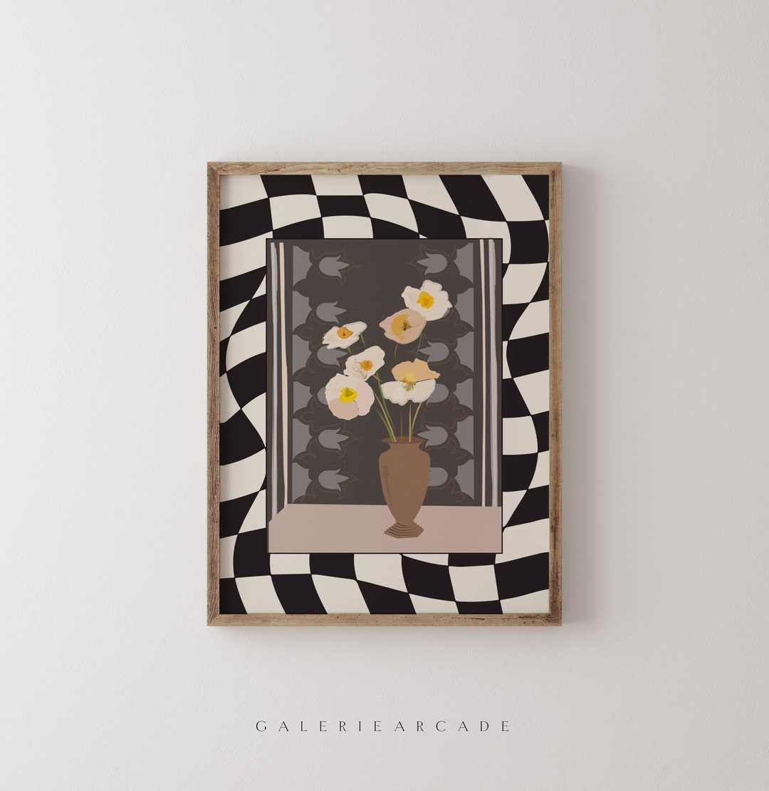 PRINTABLE Checker Board Vase Black and White Floral Poster Boho Art