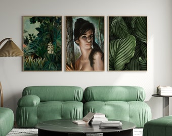 KITSCH TROPICAL TRIPTYCH | Set of 3 Dark Green Leafy Prints | Tina J.H. Lynch | Henri Rousseau | Maximalist Decor | Eclectic Art Green Walls