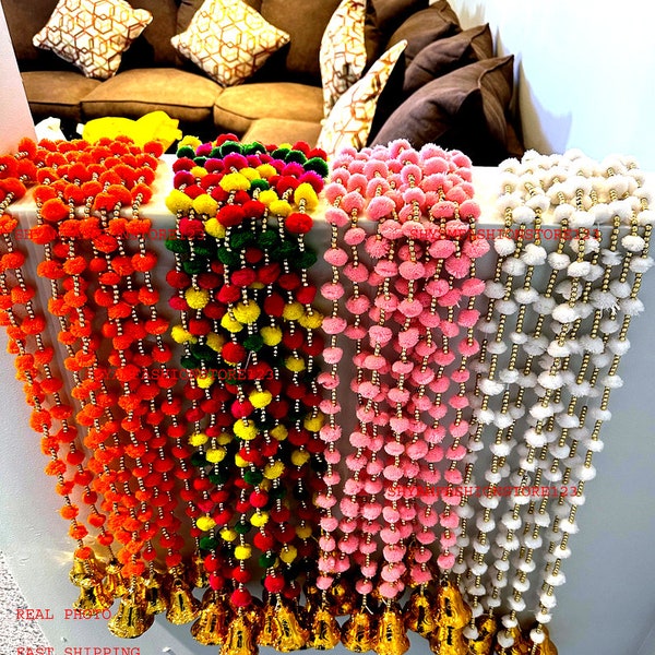 100 Pc Pom Pom Bell String Garland For Diwali And Christmas Decoration Decor Pom Pom Bells Christmas Tree Bell String, Wedding